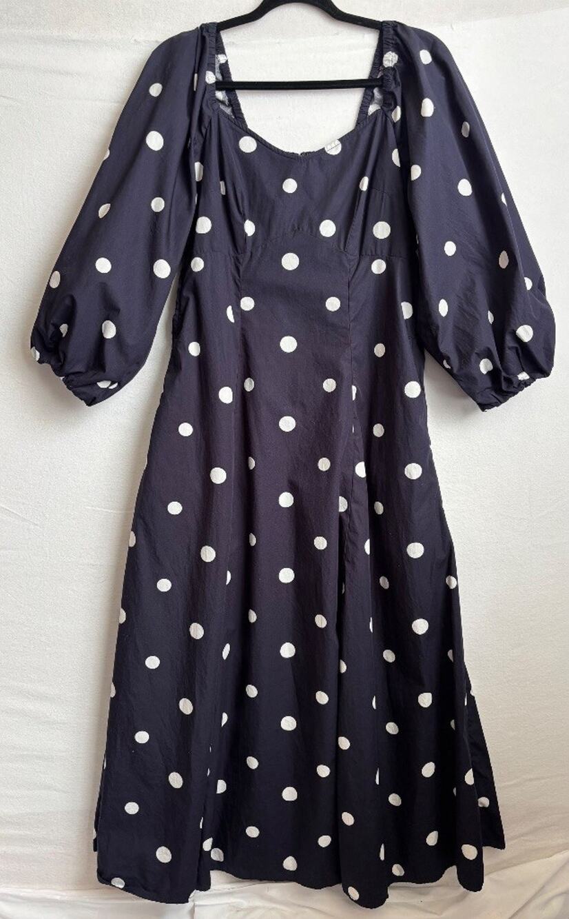 100% Cotton Navy Polka Dot Balloon Sleeve Maxi Dress Size L Romantic Boho